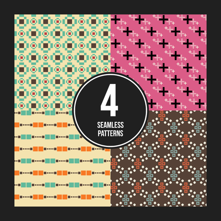 Set of 4 colorful pixelated patterns. Childish style. Useful for wrapping and textile design.のイラスト素材