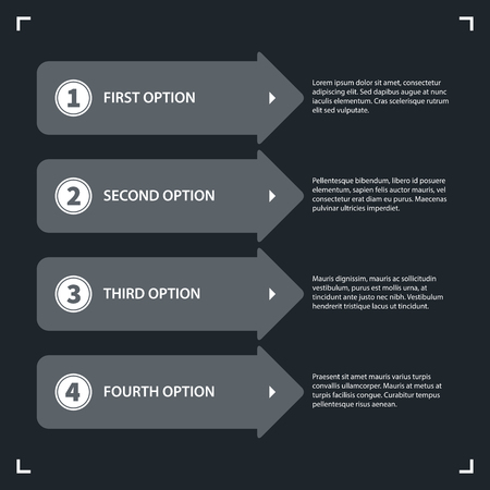 Modern design template with four arrows and options in flat style on dark gray background. Useful for corporate presentations and advertising.のイラスト素材
