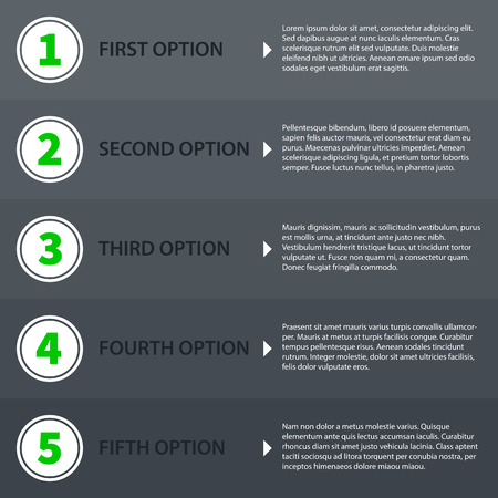 Modern design template with gradient of five options in flat style on dark gray background. Useful for corporate presentations and advertising.のイラスト素材