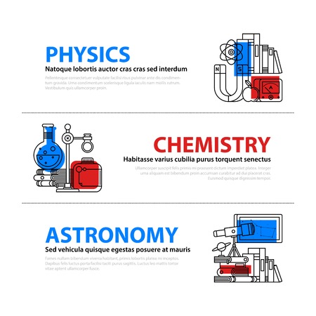 Set of three web banners about education and college subjects in flat illustration style on colorful background. Physics, chemistry and astronomy.のイラスト素材