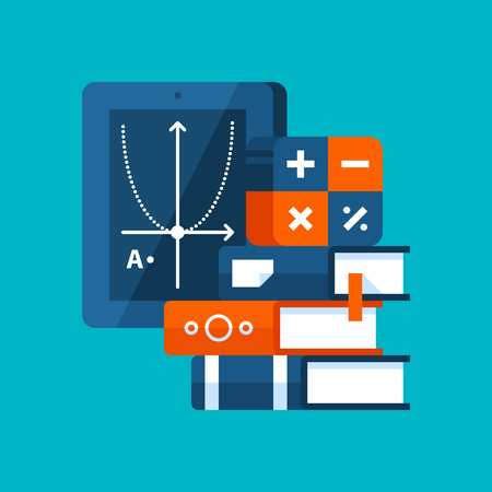 Colorful illustration about algebra in modern flat style. College subject icon on cyan background. Books, mathematical symbols, tablet.のイラスト素材