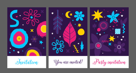 Set of three creative backgrounds templates with abstract hand drawn elements. Useful for advertising and graphic design.のイラスト素材