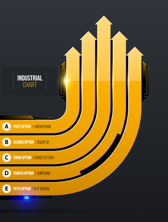 Vector chart template with five round arrows in yellow industrial techno style on dark gray backgroundのイラスト素材