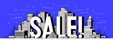 City buildings illustration with big letters SALE! in outline style on deep blue backgroundのイラスト素材