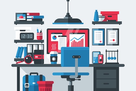 Illustration of creative office workspace interior in flat design style on gray background. Desktop computer, wooden table, trash bin, office tools, bookshelvesのイラスト素材