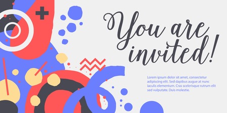 Vector background template with funky hand drawn elements. Useful for party, birthday, invitations and weddings.のイラスト素材