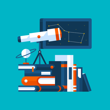 Colorful illustration about astronomy in modern flat style. College subject icon on cyan background. Books, poster with constellation, telescope.のイラスト素材
