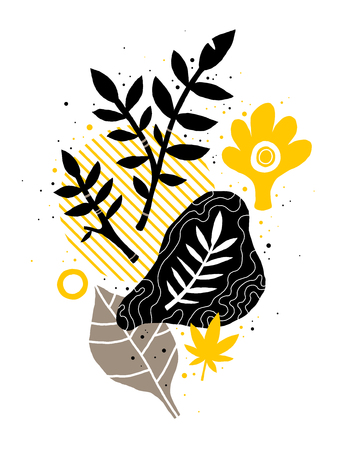 Abstract composition with hand drawn floral elements. Useful for advertising, design, prints and posters.のイラスト素材