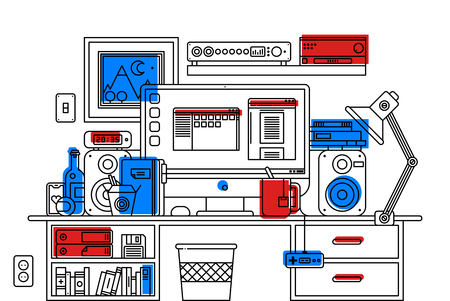 Illustration of creative office workspace interior in outline flat style on white background. Wooden table, desktop computer, books, picture in a frame, audio system, office lampのイラスト素材