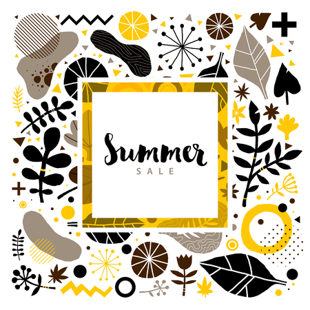 Advertising template with colorful hand drawn elements. Floral abstract design, modern illustration, creativity. Useful for invitations, posters, presentations and prints.のイラスト素材