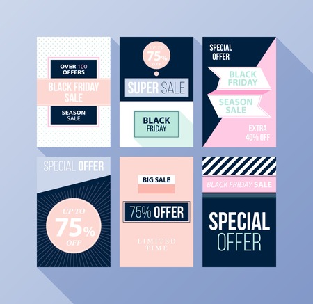 Set of six Black Friday banners in flat style on blue backgroundのイラスト素材