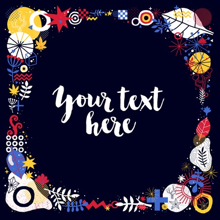 Square text frame template with floral and abstract elements on dark background.のイラスト素材