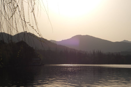 View of the lake and mountainsの写真素材