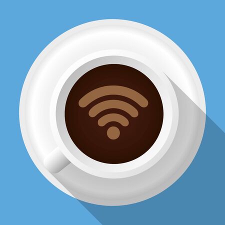 Cup of Coffee Shop with Free WiFi Zone Sign. Vector Illustrationのイラスト素材