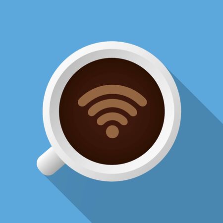 Cup of Coffee Shop with Free WiFi Zone Sign. Vector Illustrationのイラスト素材