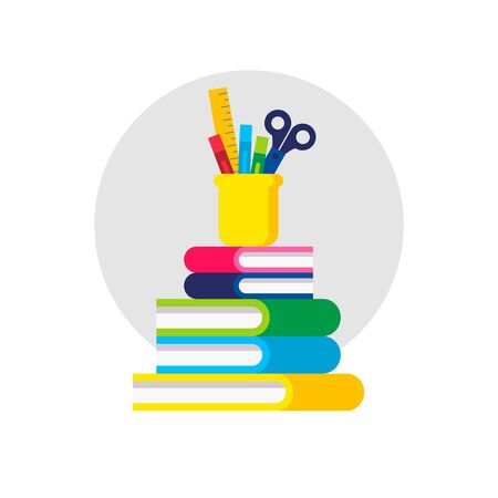Back to School Icons. Book, Folder, Scissors, Pen, Ruler. Vector Illustration. Flat Graphic Style. Decorative Design for Educantion, Classroom, Holidays, School Equipment Shops and Salesのイラスト素材