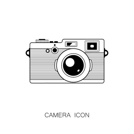 Retro Photo Camera Icon. Vector Illustration. Black Icon isolated on White Background. Line Graphic Style.のイラスト素材