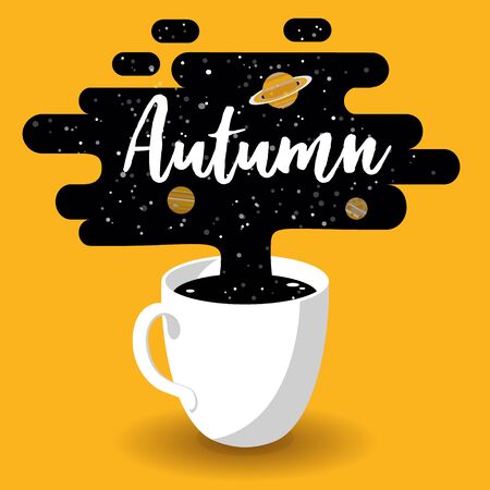 Autumn Design. Cup of Fresh Coffee with Galaxy on Yellow Background. Vector Illustration. Flat Style. Decorative Design for Cafeteria, Posters, Banners, Cardsのイラスト素材