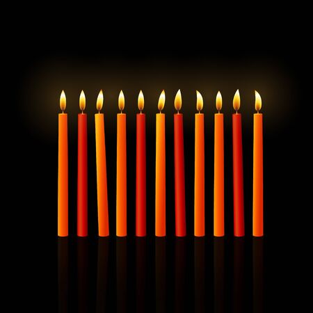 Set of Burning Candles on Black Background. Vector Illustration. Realistic 3d Candle Icon Set. Decoratove Design for Holidays, Chirch, Spa, Meditation, Interior Designのイラスト素材