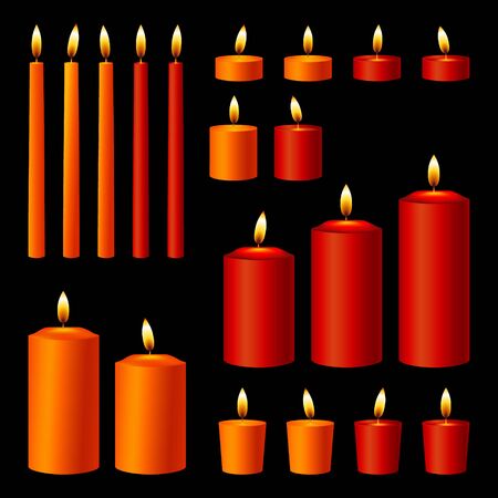 Set of Burning Candles on Black Background. Vector Illustration. Realistic 3d Candle Icon Set. Decoratove Design for Holidays, Chirch, Spa, Meditation, Interior Designのイラスト素材