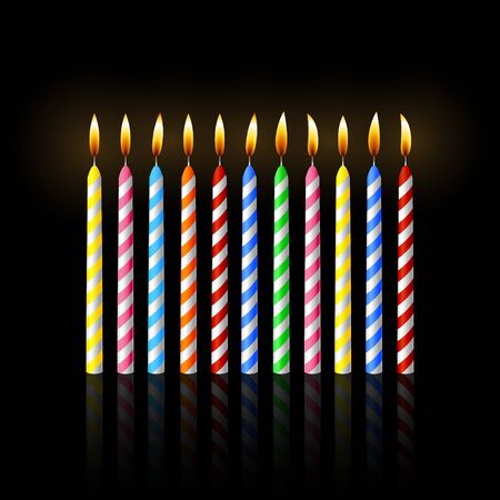 Set of Burning Candles on Black Background. Vector Illustration. Realistic 3d Candle Icon Set. Decoratove Design for Holidays, Bithday Party, Celebrations, Cake Decorationのイラスト素材