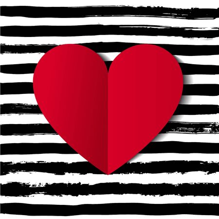 Trendy and Beautiful Design with Red Heart Icon on the Hand Drawn Black Stripes. Vector Illustration. Modern Paper Cut Style. Dirty Stroke Design Backround.のイラスト素材