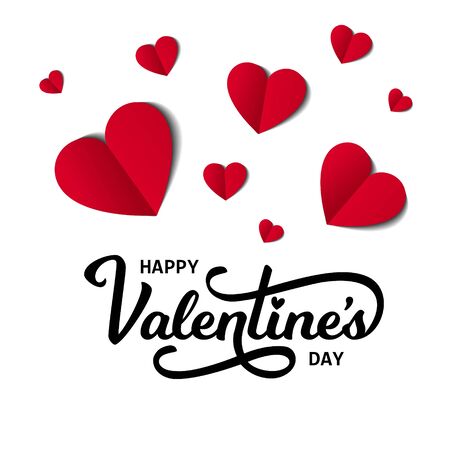 Happy Valentine s Day Card with Text and Hearts. Vector Illustration. Trendy Paper Cut Style. Beautiful Holiday Greeting Decorative Design.のイラスト素材