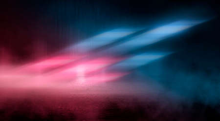 Neon futuristic landscape of a night street with neon light reflected in the water. Urban neon abstraction. Dark street wet asphalt reflections of rays.の写真素材