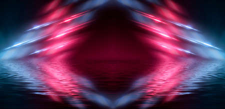 Neon futuristic landscape of a night street with neon light reflected in the water. Urban neon abstraction. Dark street wet asphalt reflections of rays.の写真素材