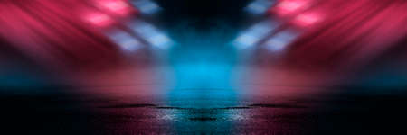 Neon futuristic landscape of a night street with neon light reflected in the water. Urban neon abstraction. Dark street wet asphalt reflections of rays.の写真素材