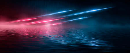 Neon futuristic landscape of a night street with neon light reflected in the water. Urban neon abstraction. Dark street wet asphalt reflections of rays.の写真素材