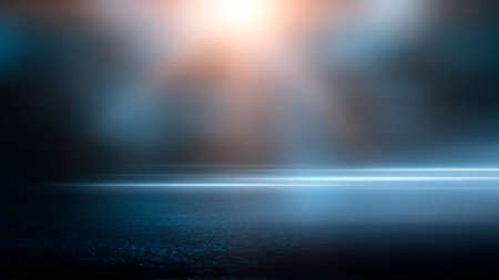 Dark street wet asphalt reflections of rays in the water Abstract dark blue background smoke smog...