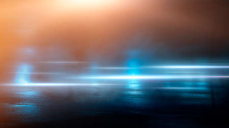 Dark street wet asphalt reflections of rays in the water Abstract dark blue background smoke smog Empty dark scene neon light spotlightsの写真素材