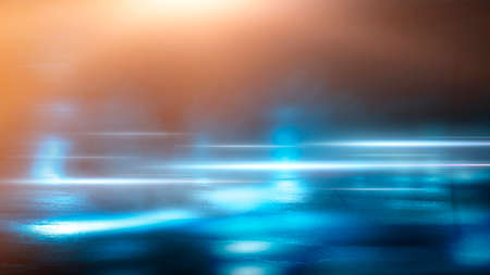 Dark street wet asphalt reflections of rays in the water Abstract dark blue background smoke smog Empty dark scene neon light spotlightsの写真素材