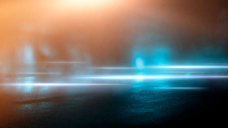 Dark street wet asphalt reflections of rays in the water Abstract dark blue background smoke smog Empty dark scene neon light spotlightsの写真素材