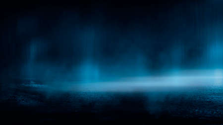Dark street wet asphalt reflections of rays in the water Abstract dark blue background smoke smog Empty dark scene neon light spotlightsの写真素材