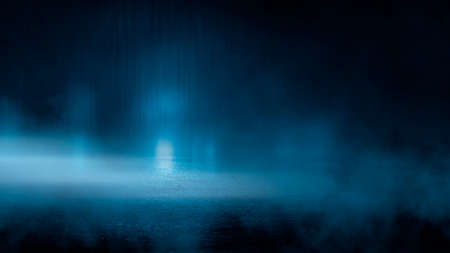Dark street wet asphalt reflections of rays in the water Abstract dark blue background smoke smog Empty dark scene neon light spotlightsの写真素材