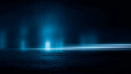 Dark street wet asphalt reflections of rays in the water Abstract dark blue background smoke smog Empty dark scene neon light spotlightsの写真素材