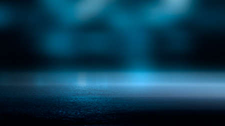 Dark street wet asphalt reflections of rays in the water Abstract dark blue background smoke smog Empty dark scene neon light spotlightsの写真素材
