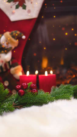 New Years festive background with Christmas balls, Christmas garland.の写真素材