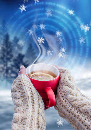 Red cup with coffee, tea in female hands on a snowy background, winter forest. A red cup in hands against the background of a winter forest landscape on soft, knitted sleeves. Coffee, tea on a woodenの写真素材