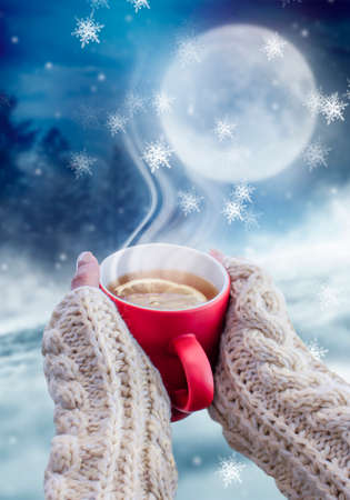 Red cup with coffee, tea in female hands on a snowy background, winter forest. A red cup in hands against the background of a winter forest landscape on soft, knitted sleeves. Coffee, tea on a woodenの写真素材