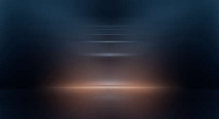 Dark background with lines and spotlights, neon light, night view. Abstract blue background. Empty neon scene with rays, blur, night view.の写真素材