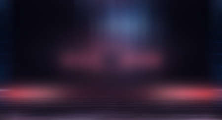 Dark background with lines and spotlights, neon light, night view. Abstract blue background. Empty...