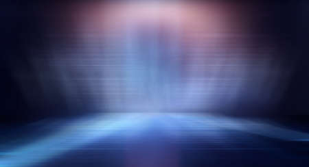 Dark background with lines and spotlights, neon light, night view. Abstract blue background. Empty...