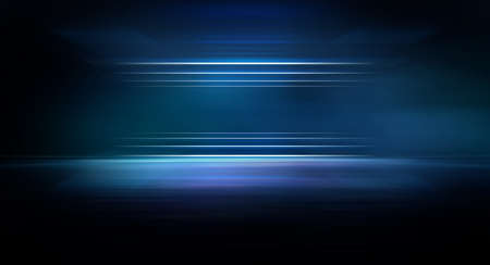 Dark background with lines and spotlights, neon light, night view. Abstract blue background. Empty neon scene with rays, blur, night view.の写真素材