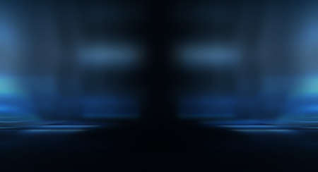 Dark background with lines and spotlights, neon light, night view. Abstract blue background. Empty...