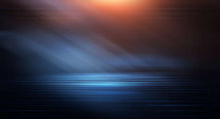 Dark background with lines and spotlights, neon light, night view. Abstract blue background. Empty neon scene with rays, blur, night view.の写真素材