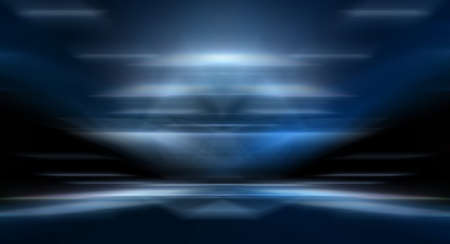 Dark background with lines and spotlights, neon light, night view. Abstract blue background. Empty neon scene with rays, blur, night view.の写真素材