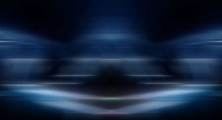 Dark background with lines and spotlights, neon light, night view. Abstract blue background. Empty neon scene with rays, blur, night view.の写真素材